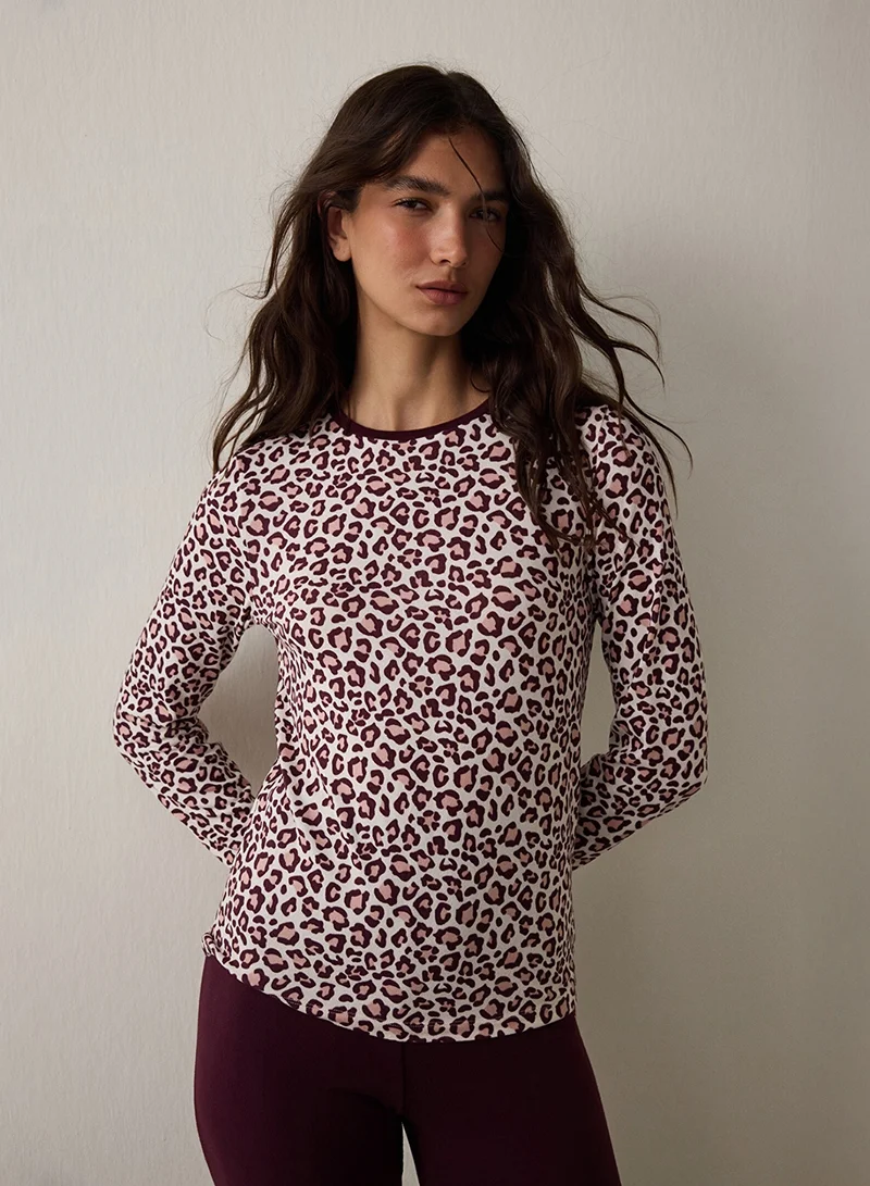Penti Leopard Patterned Crew Neck Long Sleeve Pajama Top